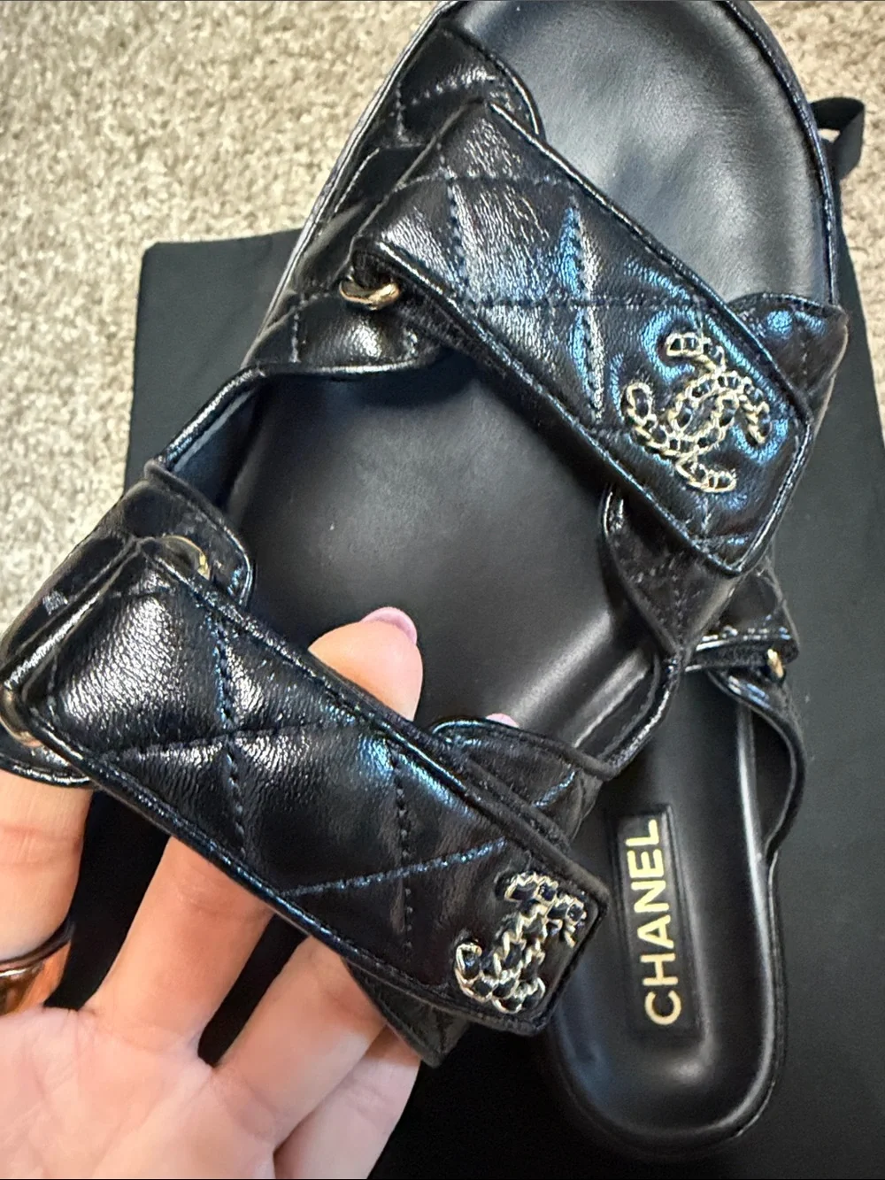 CHANEL Black Quilted Double-Strap Logo Slides with Gold Hardware